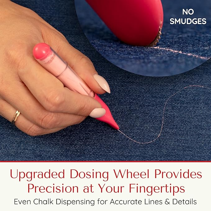 Fabric Markers for Sewing – Ergonomic Tailors Chalk Pen with Improved Dosing Wheel for Sharp Lines - Washable Sewing Chalk Marking Pens that are Compatible with Most Fabrics - Pink 1 Pack