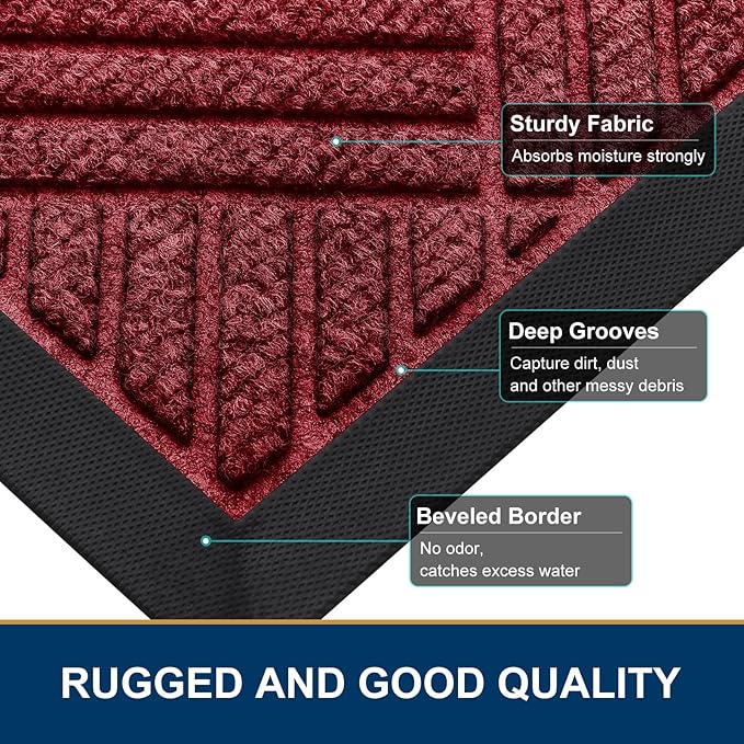 Smiry Front Door Mat Outside Entrance, Heavy Duty Outdoor Indoor Mat, Natural Rubber Doormat, Non Slip, Trap Dirt and Moisture, Easy Clean, Low Profile Patio Porch Entryway Mat, 47x23, Wine Red