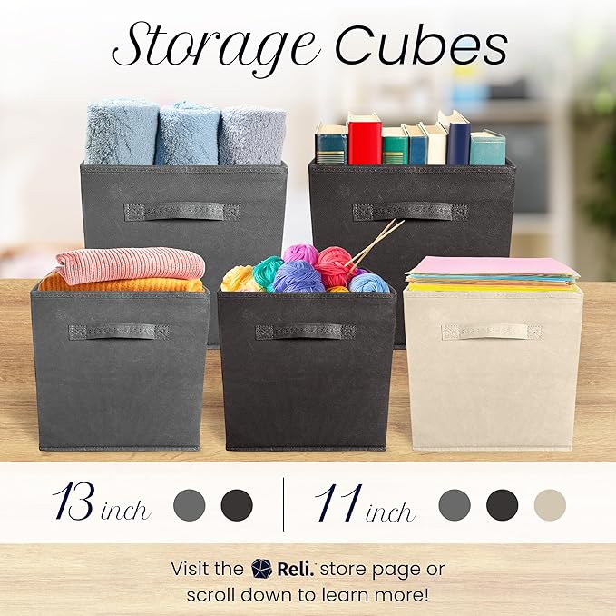 Reli. 11 Inch Cube Storage Bins (12 Pack) | Cube Organizer Bins | 11x11 Fabric Storage Boxes | Collapsible, Foldable Fabric Cubby Box (Square) | Bedroom, Office, Home Organization