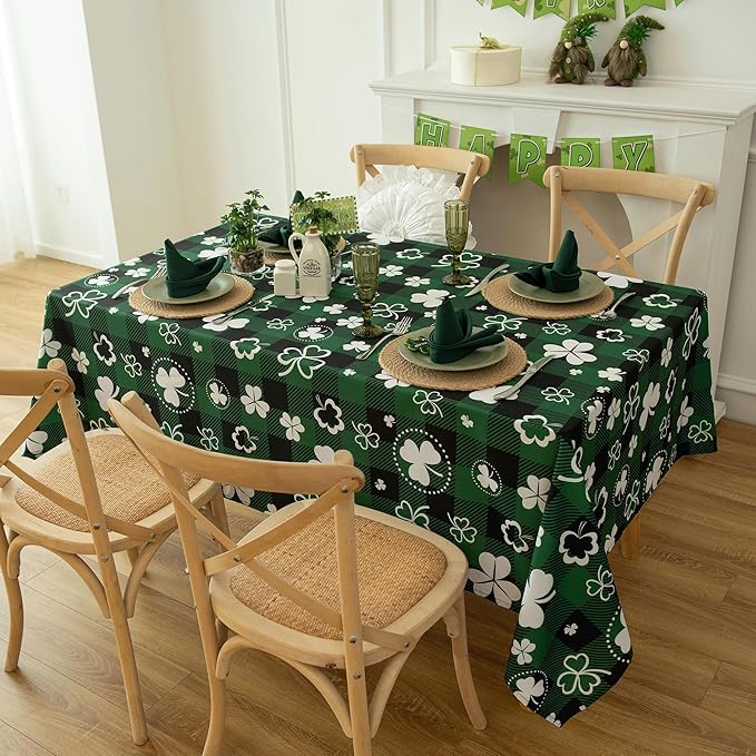 Saint Patricks Day Classic Buffalo Shamrock Tablecloth Fabric - Oblong 58x144 Inch Water Proof Checkered Table Cloth for Indoor Outdoor - Irish-Themed Gifts Table Cover for Holiday, Party