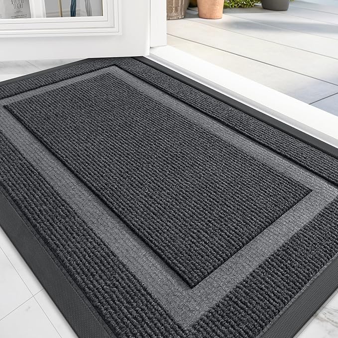 OLANLY Front Door Mat Indoor Outdoor Entrance, Waterproof All-Season, All-Weather Doormat, Sturdy Natural Rubber, Fade Resistant, Low Profile, Easy Clean Patio Porch Entryway Mat, 29.5x17, Grey