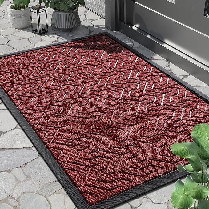 Yimobra Front Door Mat Outside Entrance 29.5x17, Waterproof Heavy Duty Outdoor Mats for Front Door, Non Slip Rubber Entry Mat for Garage Patio, Black Red