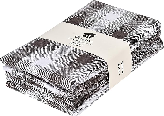 Kitchen Towels Set of 6 Soft Premium Cotton Highly Absorbent Dish Towels 20X30 Inches, Washable & Reusable Tea Towel, Quick Drying Dish Cloths for Cleaning Dishes - Gray/White, Checks