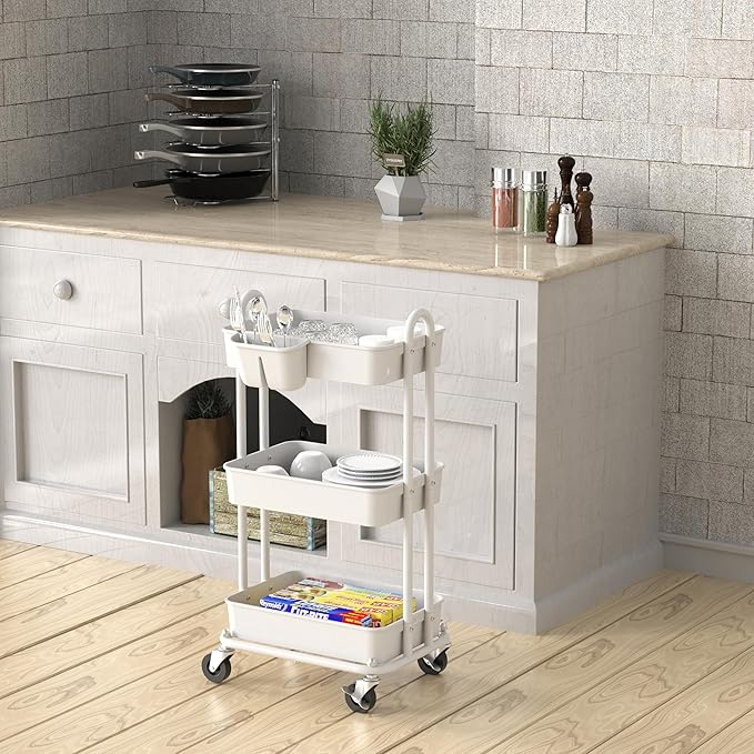 Simple Houseware 3-Tier Multifunctional Rolling Utility Cart with Hanging Bucket, White