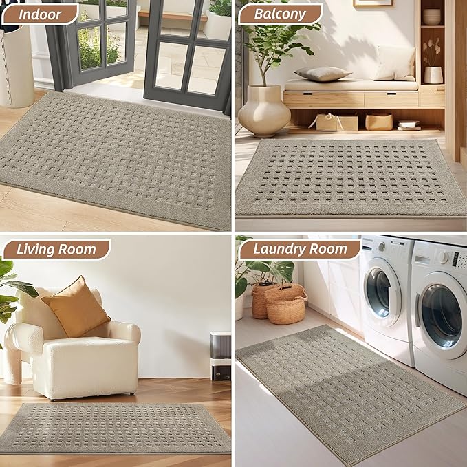 BEQHAUSE Waffle Door Mats Indoor 36"x60", Dog Mat for Muddy Paws Absorbent and Dirt Resist Floor Mats Non-Slip Washable Rugs for Entryway, Welcome Mat for Front Back Door, Muddy Wet Shoes, Beige
