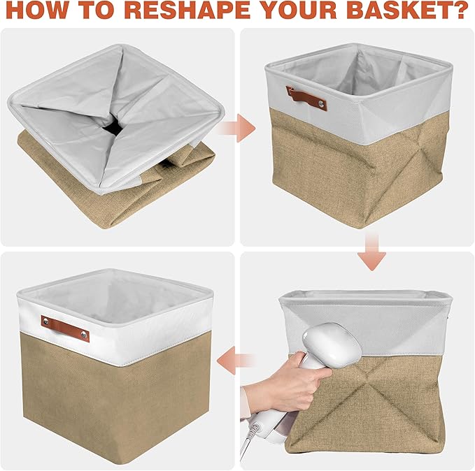 12in Open Fabric Storage Basket with Leather Handles for Organizing, Collapsible Linen Closet Bins for Shelves, Closets, Laundry, Decorative Basket for Gifts. (White＆Khaki, 2PCS/12x12in)