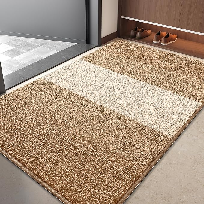 Kitinjoy Indoor Outdoor Door Mat, 40x32 Non-Slip Absorbent Dirt Trapper, Low-Profile Washable Inside Entrance Front Floor Mat, Sturdy Soft Entry Doormats for Entryway, Camel