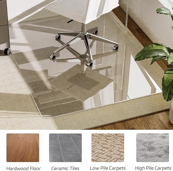 GLSLAND 46"x46" Tempered Glass Chair Mat Square Heavy-Duty Floor Protector for Carpet & Hard Floors Scratch-Resistant Office Computer Desk Mat 1/5" Clear
