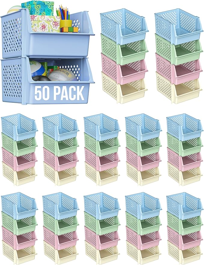 Skywin Plastic Stackable Storage Bins for Pantry - Stackable Bins For Organizing Food, Kitchen, and Bathroom Essentials (Multi - 50 Pack)