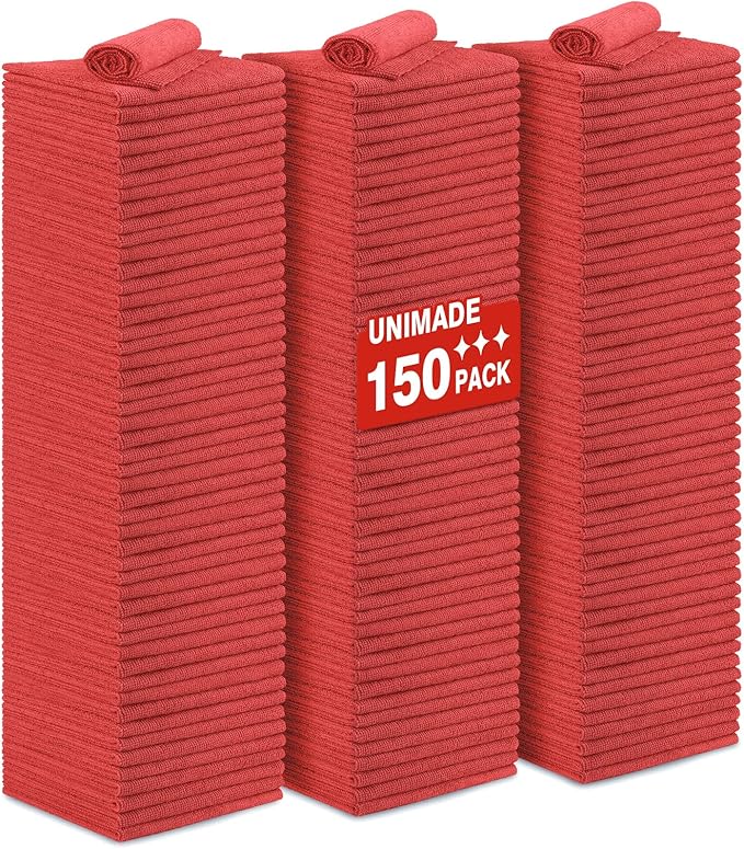 Shop Towels Rags, 150 Pack Reusable Shop Rags Bulk Microfiber Cleaning Cloth Lint Free Cleaning Towels for Car Kitchen Automotive Bar Mechanic Restaurant Garage, 11.5"x 11.5", Red