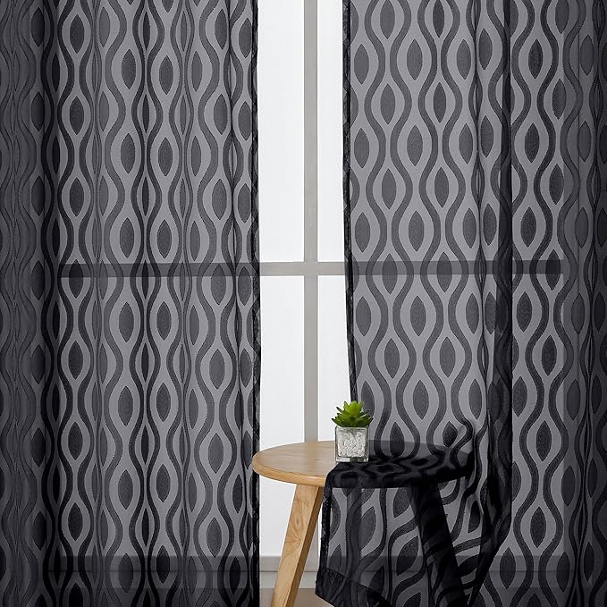 Aiyufeng Extra Long Sheer Curtains 96 Inches Long for Bedroom 2 Panels Set, Farmhouse Black Wavy Line Light Filtering Clip Jacquard Solid Voile Living Room Curtains, Dual Rod Pocket, 40"Wx96"L Inches