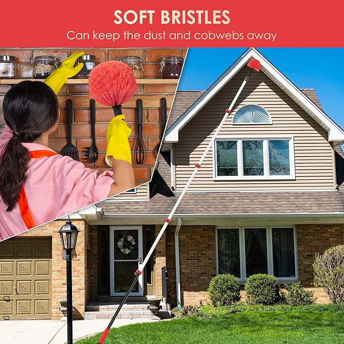 6-24 FT Cobweb Duster with Extension Pole, 30 FT High Reach Spider Web Brush with Telescopic Pole, Extendable Duster with 2 Outdoor Cobweb Brushes, Duster for High Ceiling