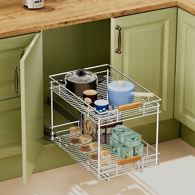 Pull Out Cabinet Organizer(14" W x 21" D), 2 Tier Slide Out Shelves with Wood Handle, Sliding Drawer Pull Storage Shelf for 15-1/4” Cabinet Opening, Chrome