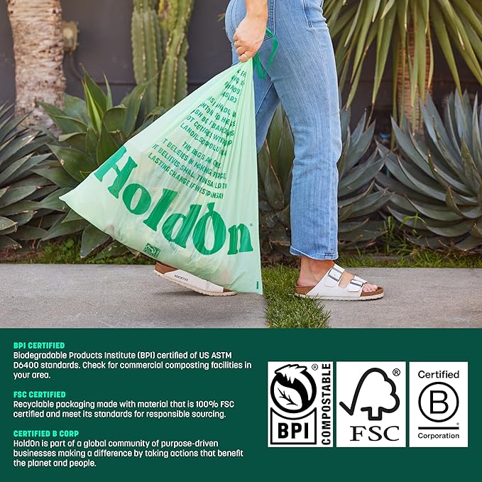 HoldOn 13-Gallon Trash Bags – Tall Kitchen Trash Bags with Drawstring Handles for Tall Trash Bins, Heavy-duty and Compostable, Large Trash Bags (40 bags, Pack of 2)