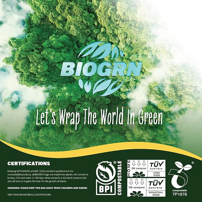 50-55 Gallon Compostable Trash Bags Flat-Top 12 Bags Heavy Duty 1.57 Mil 208.2 Liter Large Lawn and Yard Waste Bag Compost for Outdoor Garden ASTM D6400, US BPI and OK Compost Home Certified