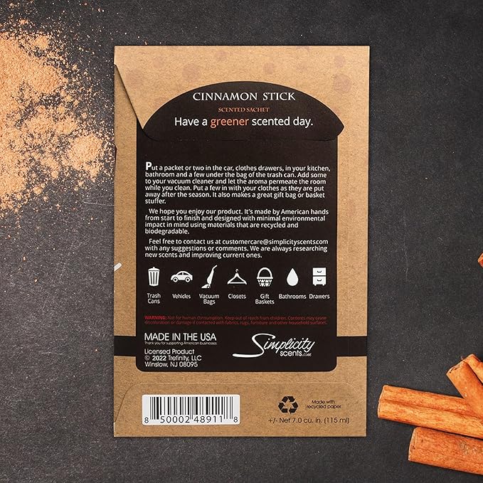 Simplicity Scents Cinnamon Stick Scented Sachets Pack of 6, Fall & Winter - Long-Lasting Scented Bags, Home Fragrance, Air Freshener & Deodorizer for Closet, Room, Drawer, or Cars, Made in The USA