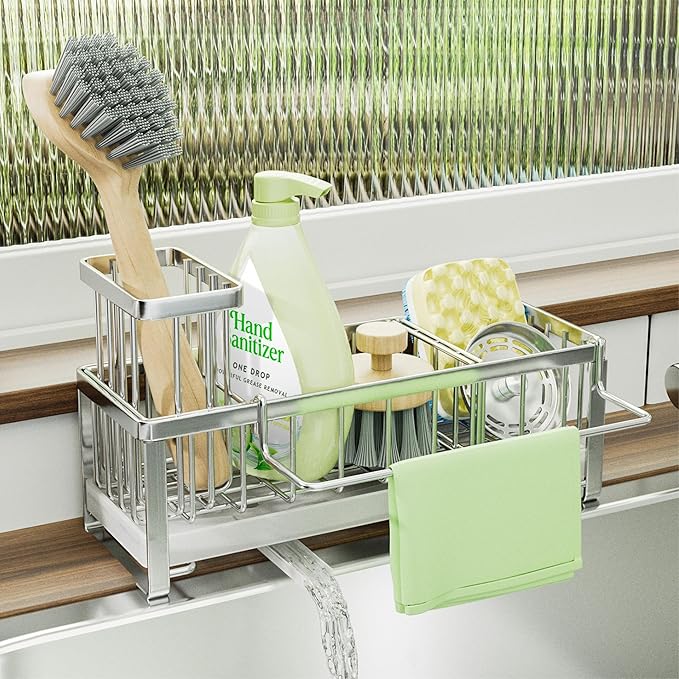 SWTYMIKI Sponge Holder for Kitchen Sink - Sink Caddy with Brush Holder Self-draining Sponge Caddy Organizer with Divider Stainless Steel Kitchen Accessories Storage for Countertop, Silver