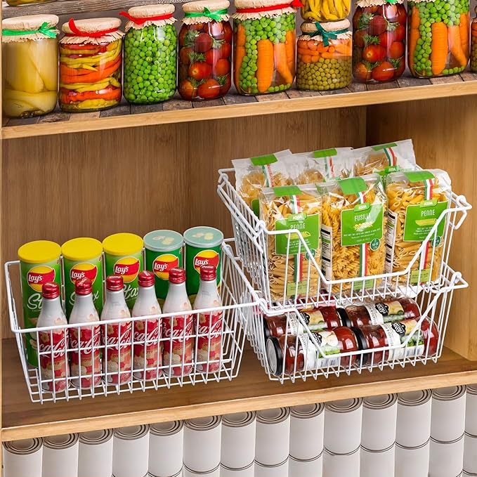 SANNO Wire Metal Baskets Freezer Baskets Farmhouse Organizer Storage Bins Large Organizer Bins for Shelf Storage, Office, Bathroom, Pantry Organization Storage Bins Rack with Handles-Set of 6