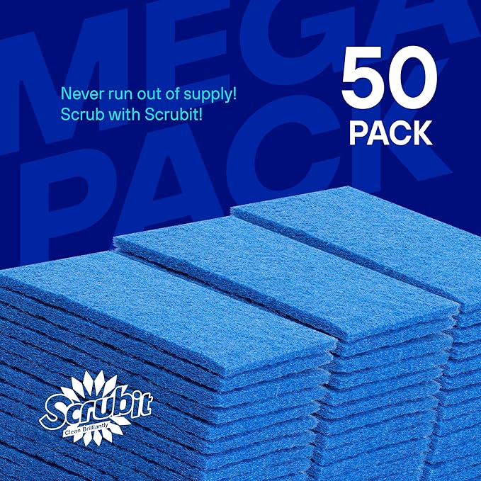 SCRUBIT 50 Pack Scouring Pad - Heavy Duty Scrub Pads for Cleaning Dishes - Non-Scratch Reusable Scrubbing - Blue