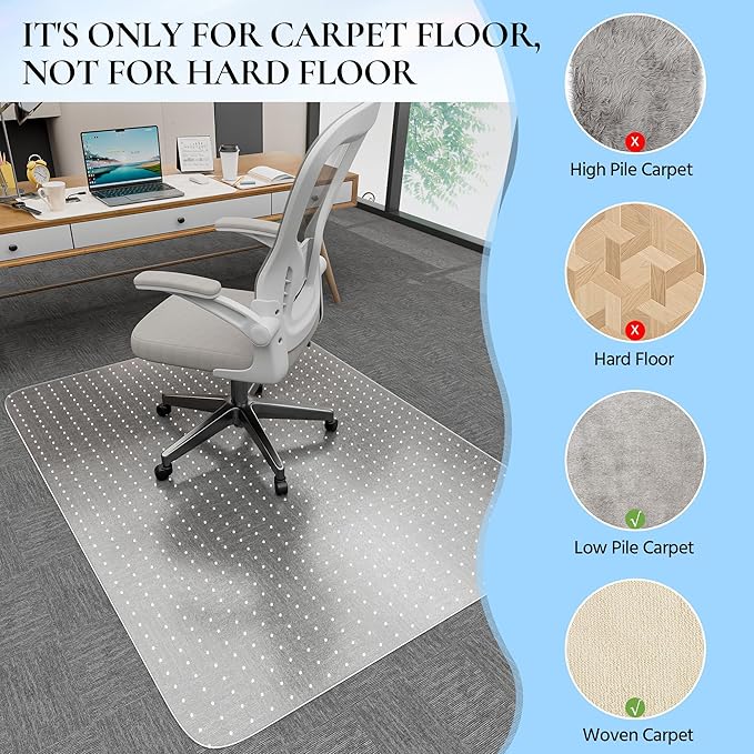 Office Chair Mat for Low Pile Carpet, 48” x 36” Transparent Office Desk Chair Mat for Carpeted Floors, Studded Carpet Floors Protector Mat for Home & Offices