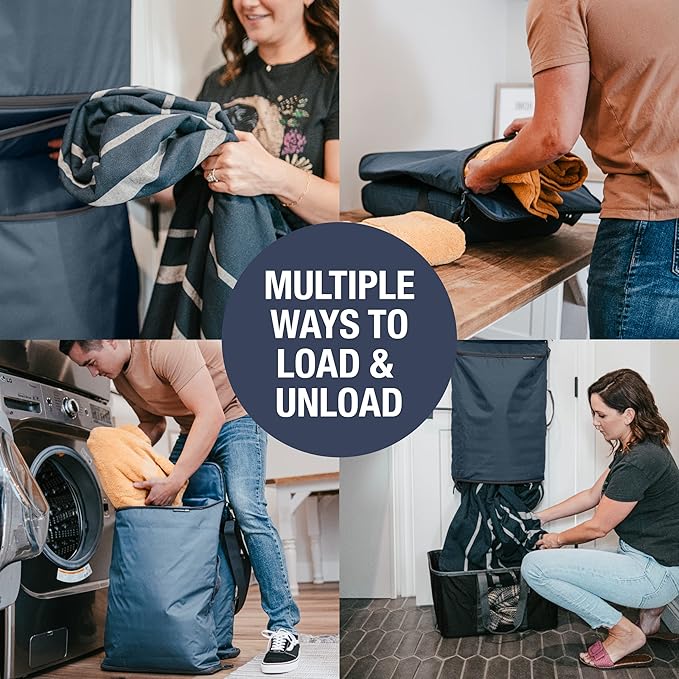 CleverMade Convertible Laundry Hamper Bag - Ocean Dark Charcoal holds 43L / 40 lbs 2 Compartments - Storage with Handles for Home Organization