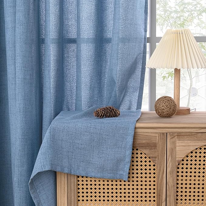 YoungsTex Denim Blue Linen Curtains 90 Inch Length for Living Room, Light Filtering Semi Sheer Window Drapes Rod Pocket Back Tab Curtain Extra Long for Bedroom Office Privacy, 2 Panels, 52 X 90 Inch