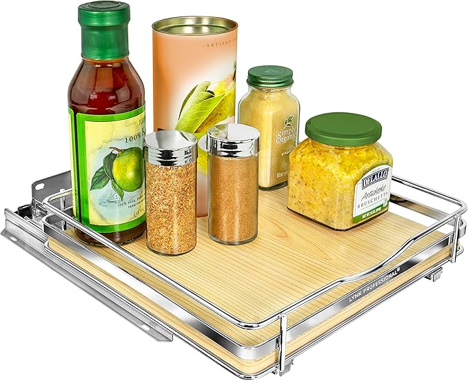 LYNK PROFESSIONAL® Élite™ Pull Out Spice Rack Organizer for Inside Kitchen Cabinets - 10-1/4 inch Wide - Slide Out Drawer – Wood/Chrome Sliding Spice Cabinet Organization Shelf Racks - 1 Tier