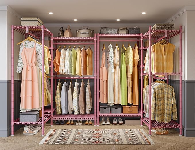 Raybee Clothing Racks for Hanging Clothes Heavy Duty Clothes Rack Load 750LBS clothes rack, 77" H x 70.5" W x 13.8" D, Pink