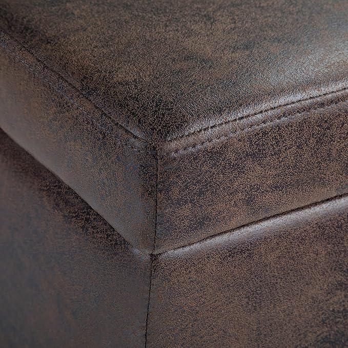 SIMPLIHOME Avalon 48 inch Wide Contemporary Rectangle Storage Ottoman Bench in Distressed Brown Vegan Faux Leather, Assembled, for the Living Room, Entryway and Family Room