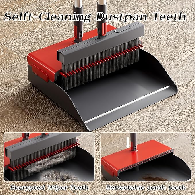 Broom with Dustpan Combo Set 180 Degree Rotating Broom Set with Comb Teeth Upright Standing Dust Pan with Adjustable Long Handle for Home Room Kitchen