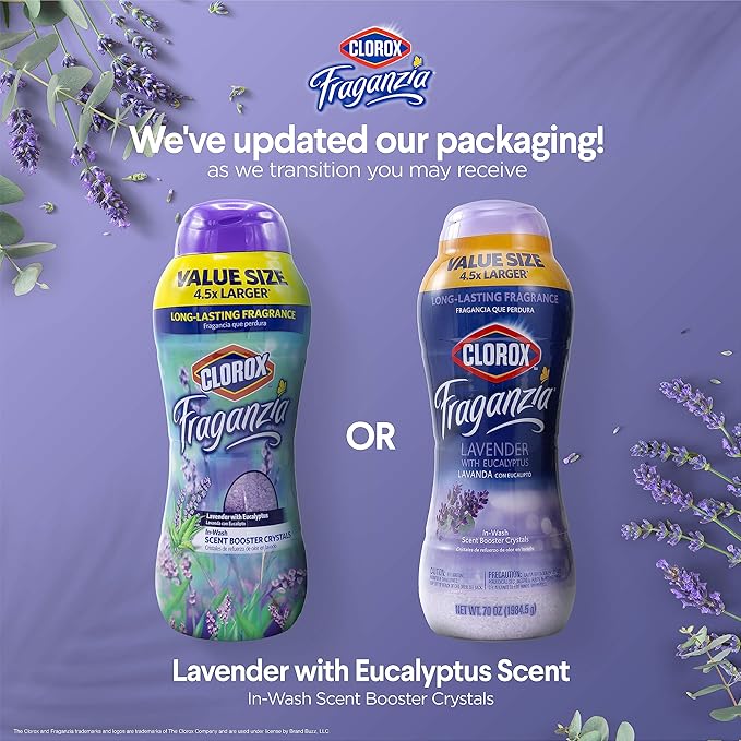 Clorox Fraganzia Laundry Scent Booster Crystals in Lavender with Eucalyptus Scent - Scented In-Wash Freshener Beads for Fresh, Clean, Great Smelling Clothes and Linens, 70 Oz - 6 Pack