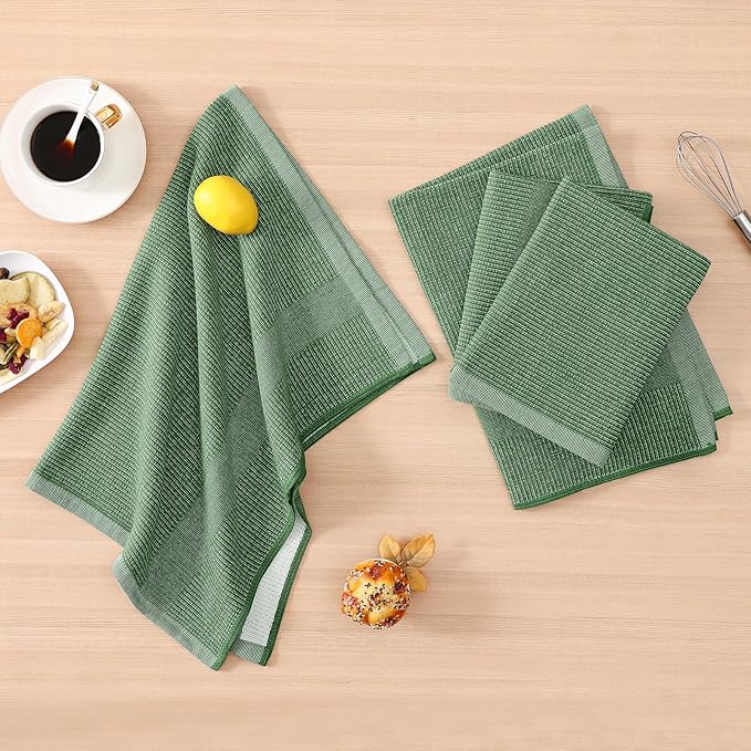 Homaxy Premium Kitchen Towels(18”x 28”, 12 Pack), Large Cotton Kitchen Hand Towels, Flat and Terry Dish Towels, 380 GSM Highly Absorbent Tea Towel Set with Hanging Loop, Grass Green