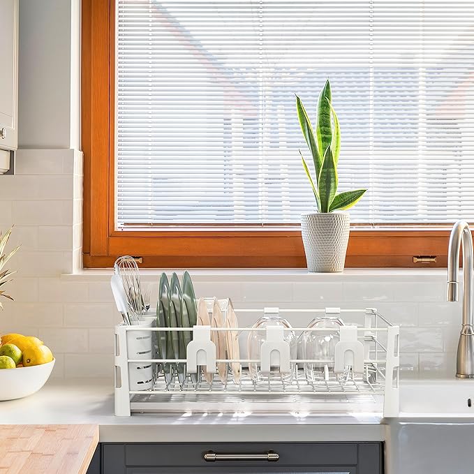 SIMPLE HOUSEWARE White Dish Drying Rack with Drainboard, Utensil Holder & Mug Hooks – Metal Kitchen Counter Organizer