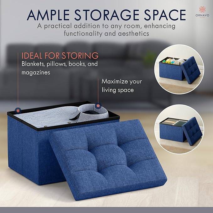 Ornavo Home Small Storage Ottoman Foldable Collapsible Rectangle Linen Ottoman Foot Rest Stool Seat, for Living Room, Bedroom, Home Office, Dorm - 12 x 16 x 12, Navy Blue