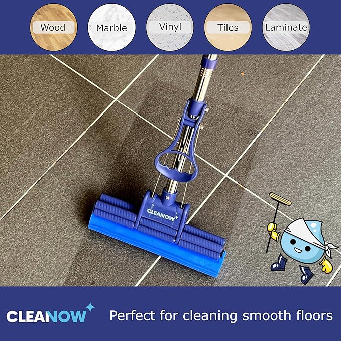 OneTouch GO! Floor Cleaner, Wring Mop, Cleaning Tool with Wringing Function - Sponge mop for Cleaning Floors- with PVA Sponge and Stainless Steel mop Handle