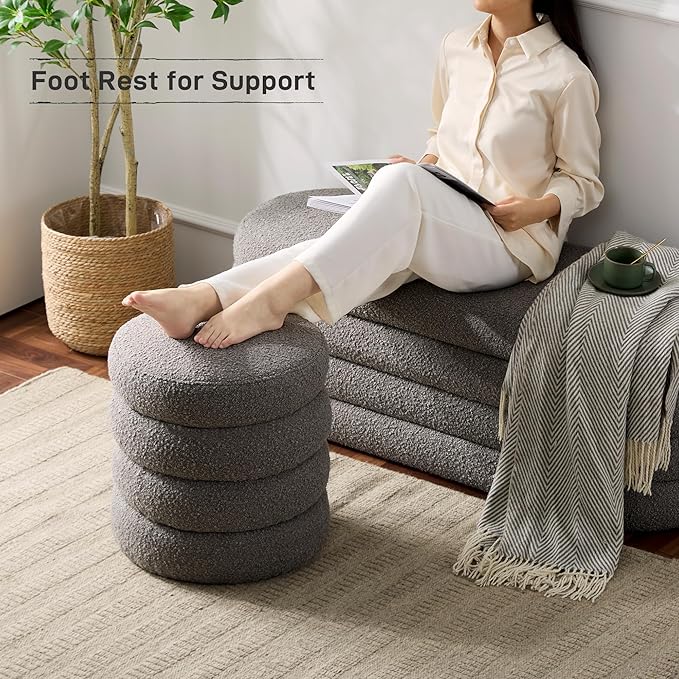 Round Ottoman with Storage Boucle Ottoman Stool with Storage Removable Lid for Living Room Modern Vanity Sorage Stool Foot Rest Bedroom Dorm Gift Set of 1 (Grey)