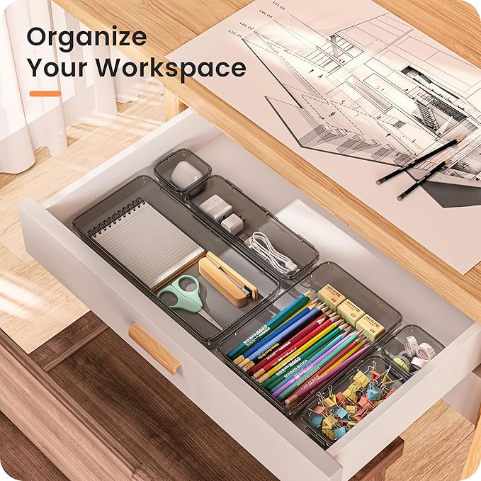 【Military Grade】 Drawer Organizer, 【𝟱𝗦𝗶𝘇𝗲】 Clear Makeup organizer, 【Holds 177 Items】 Bathroom Organizers and Storage, Plastic Desk Organizer Divider, Organizer Bins for Office Vanity A-LUGEI