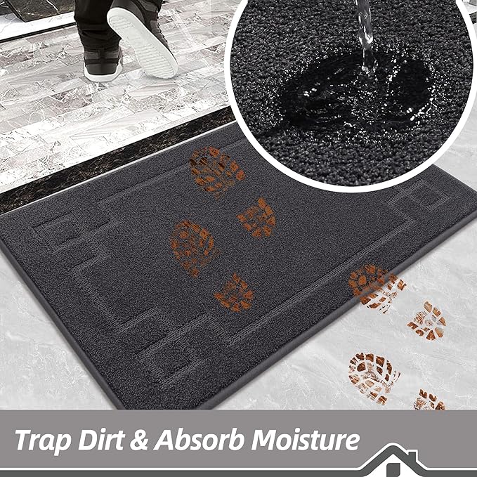 BEQHAUSE Door Mat 20" x 32", Non-Slip Door Mats Indoor Entryway Rugs Washable Low-Profile Absorbent and Stain Resist Floor Mats, Dog Door Mat for Front Back Door, Muddy Wet Shoes & Paws, Dark Grey