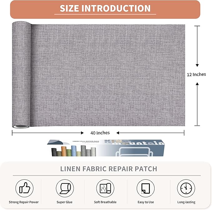 Coarse Linen Repair Patches, Self-Adhesive Linen Fabric Patches, 12X40 inch Extra Size, Multi Color, Can be Used for Linen Sofa Repair and Linen Clothes Repair(12" x 40",Light Grey)