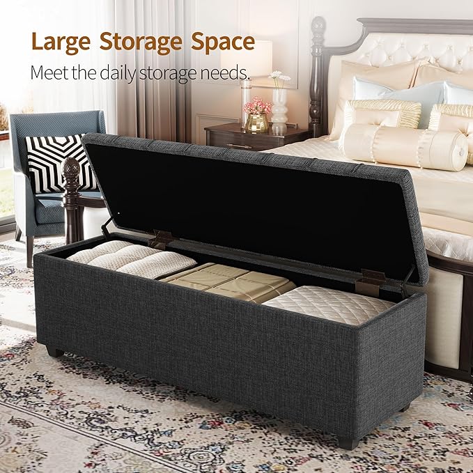 Ottoman with Storage 38 inches, Furniture End of Bed Storage Benches, Long Ottomans Bench with hinged lid, Bench seat Trunk for Foot Rest in Bedroom, Living Room (Dark Grey)