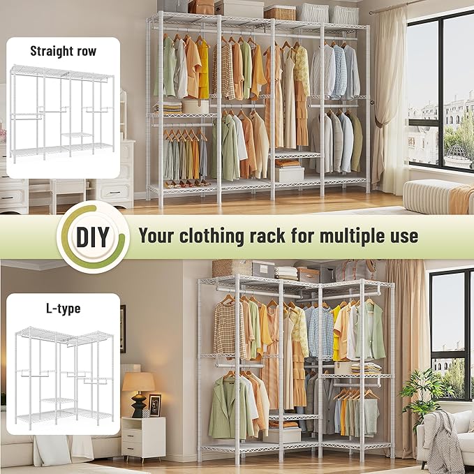 Raybee Heavy Duty Clothes Rack for Hanging Clothes,Clothing Rack with Shelves, Adjustable,76" W x 77" H x 18" D,Max Load 1150lbs,White