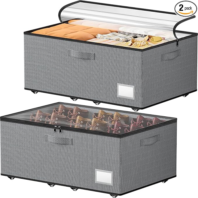 Underbed Storage with Wheels, 2 Pack Under Bed Storage Containers with Clear Lids, No Assembly Required 10.1 inch Rolling Under Bed Storage for Clothes, Grey