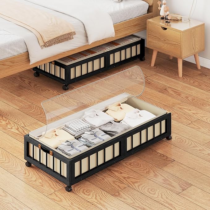 efluky 2-Pack Bamboo Under Bed Storage with Wheels, Rolling UnderBed Storage Basket with Large Dust Bag, Under Bed Storage Containers for Bedroom, Dorm and Basement, Black