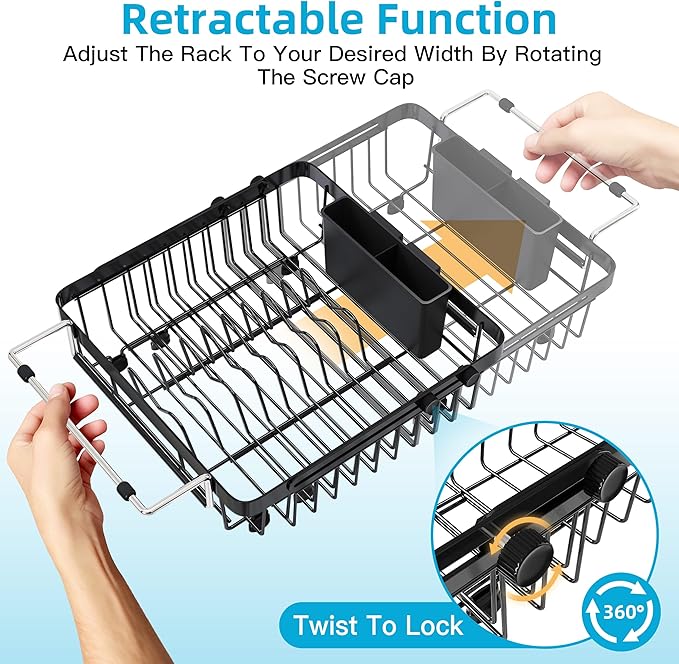 romision Expandable Dish Drying Rack Over The Sink Small Metal Stainless Steel Plate Holder for Compact Kitchen, Space Saving Modern Black Hanging Drainer