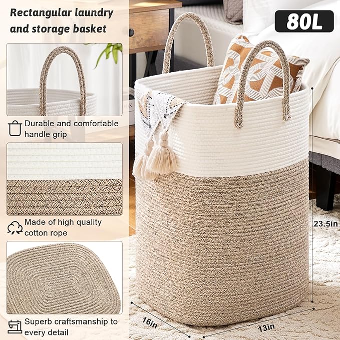 Laundry Basket,Woven Cotton Rope Laundry Hamper,Versatile Storage for Dirty Clothes,Baby Toys,and Blankets in Bathroom, Nursery,and Living Room (Brown, 80L)