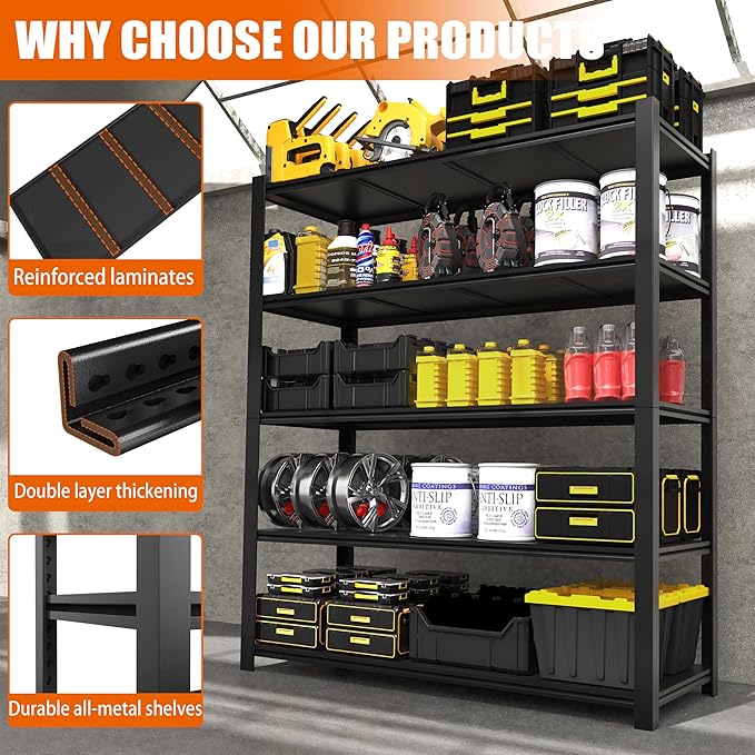 84“H Garage Shelving Heavy Duty Storage Shelves 3000 LBS Adjustable 5 Tier Metal Shelving Uints and Storage for Garage, Warehouse, Commercial, 48" W x 24" D x 84" H