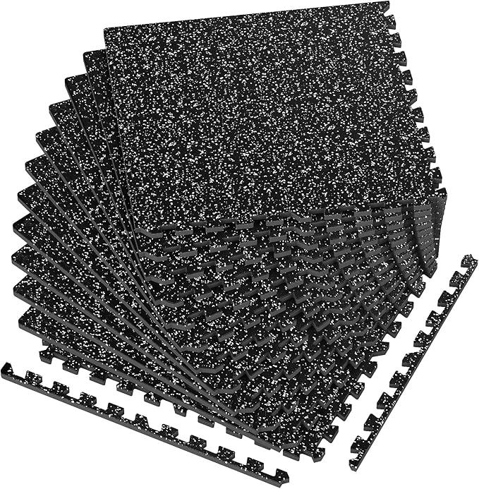 1/2in Thick 48 Sq Ft Rubber Top High Density EVA Foam Exercise Gym Mats Non-Slip 12 Pcs - Interlocking Puzzle Floor Tiles for Home Gym Heavy Workout Equipment Flooring - 24 x 24in Tile, Black & White
