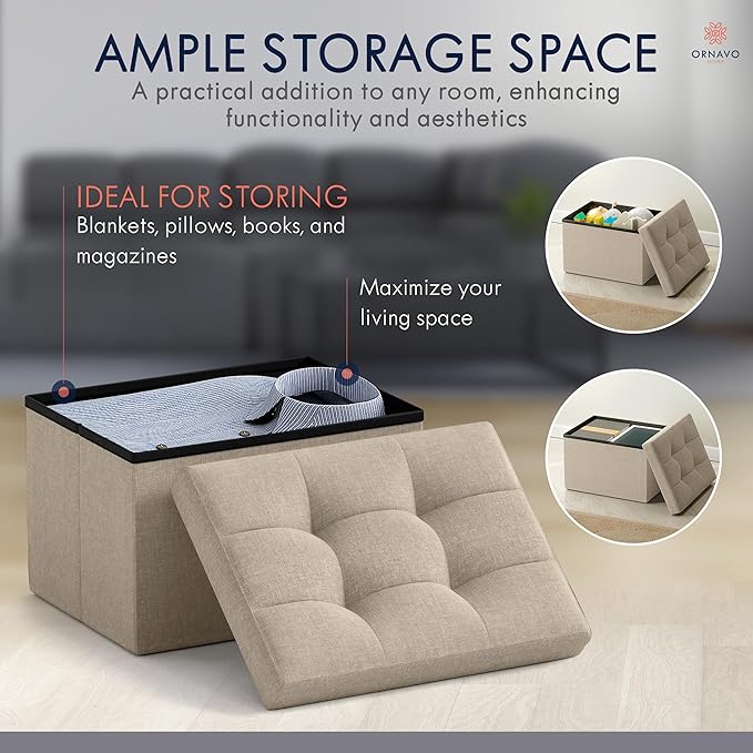 Ornavo Home Small Storage Ottoman, Set of 2, Foldable Collapsible Rectangle Linen Ottoman Foot Rest Stool Seat, for Living Room, Bedroom, Home Office, Dorm - 12 x 16 x 12, Taupe