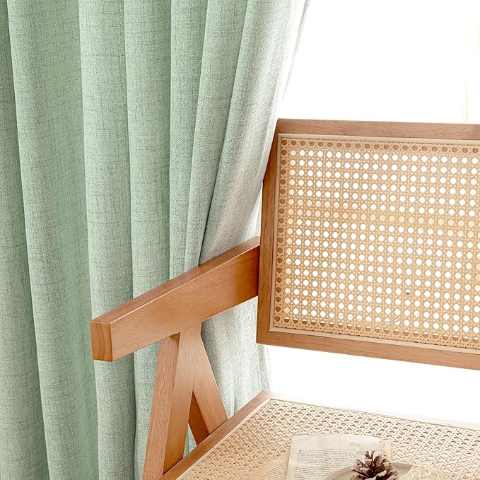 YoungsTex Sage Green Linen Curtains for Living Room 2 Panels, Semi Sheer Drapes Boho Light Filtering Window Treatments with Back Tab Rod Pocket for Office Dining Bedroom, 52 X 72 Inch