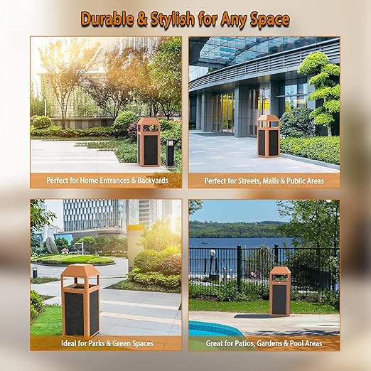 Commercial Metal Outdoor Trash Can with Lid, Lockable Outdoor Garbage Can with Nature Stone Panels, Heavy-Duty Rustproof Trash Bin with Removable Liner for Parks & Public Spaces